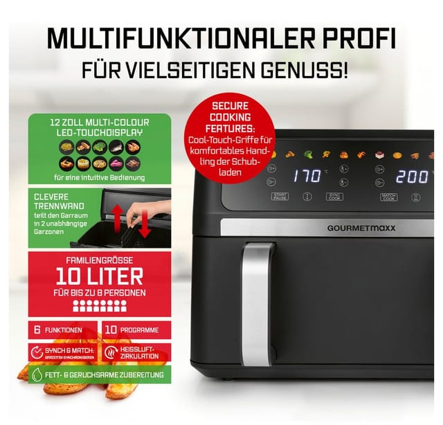GOURMETmaxx Heißluftfritteuse Vario-Kammer, 10 l