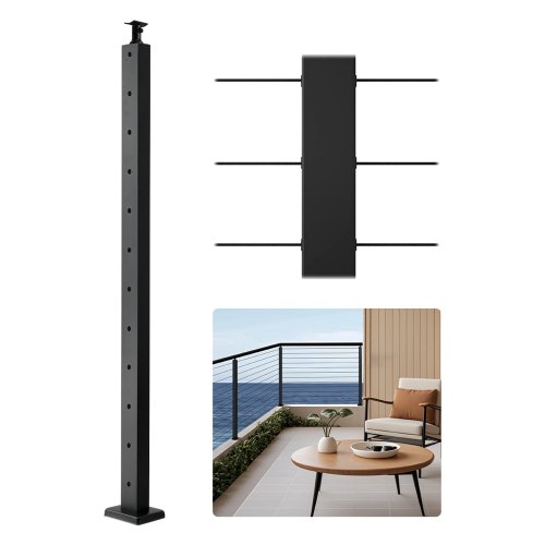 VEVOR Kabel-Treppengeländerpfosten, 106,7x2,5x5 cm Geländerpfosten, ebener Treppengeländerpfosten, 1 Packung, vorgebohrte Pfosten mit Montagehalterung, Schwarz, 1JZLGZXHS1063GGTD001V0