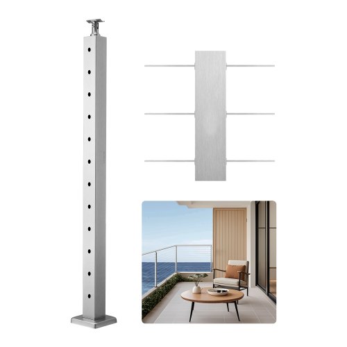 VEVOR Kabelgeländerpfosten, 106,7x5x5 cm Geländerpfosten, Edelstahldraht-Ziehung, Terrassengeländer, vorgebohrte Pfosten mit Montagehalterung, Treppengeländer-Set, Silber, 1JZLGZXYS1061EF8W001V0