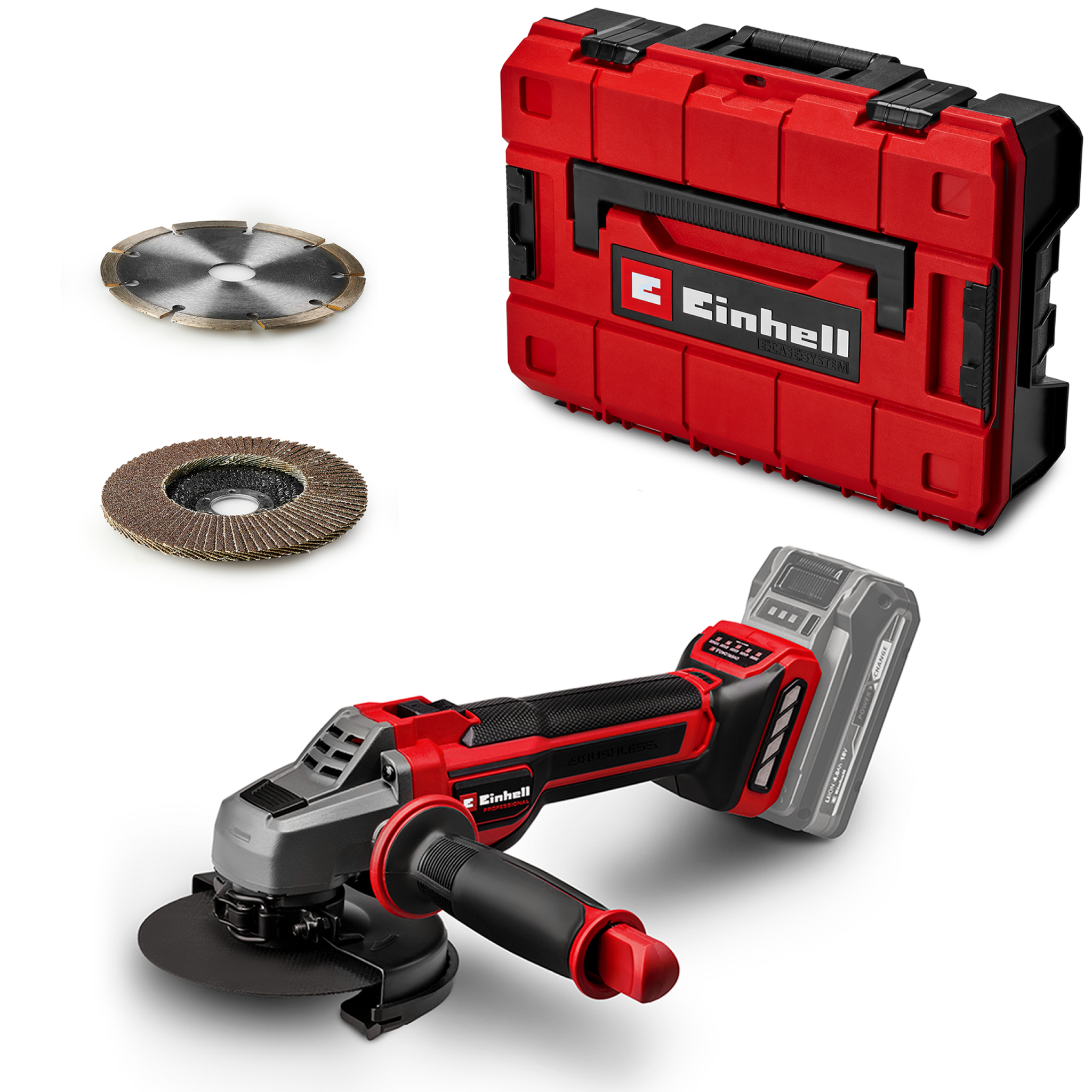Einhell Professional Akku-winkelschleifer Tp-ag 18/125 Ce +3 Set - Solo Power X-change (18 V, Ø 125 Mm, Brushless, Inkl. Je 1x Trenn-/schleifscheibe, E-case S-f, Ohne Akku)
