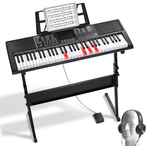 VEVOR 61-Tasten-Digitalklavier, beleuchtete Tasten, tragbares elektrisches Klavier mit verstellbarem Ständer, 600 Töne, 500 Rhythmen, integrierte Lautsprecher, Sustain-Pedal, Kopfhörer, Mikrofon, USB-MIDI für Anfänger