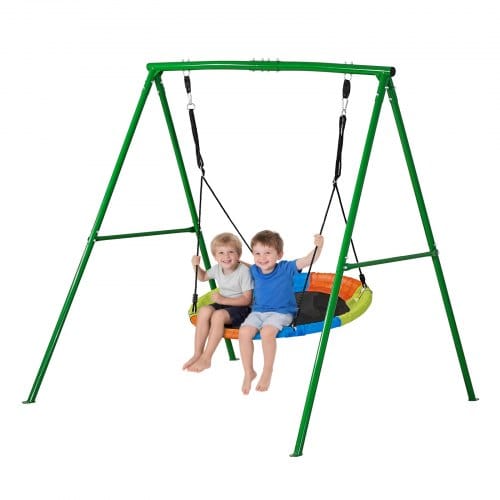 Vevor Gartenschaukel Mit A-förmigem Metallgestell, Schaukelsitz (101,6 Cm Groß), Bis Zu 199,6 Kg Tragkraft, Schaukelset Outdoor, Verstärkt Mit Spiralförmigen Bodenankern, Tellerschaukel Schwarz Blau