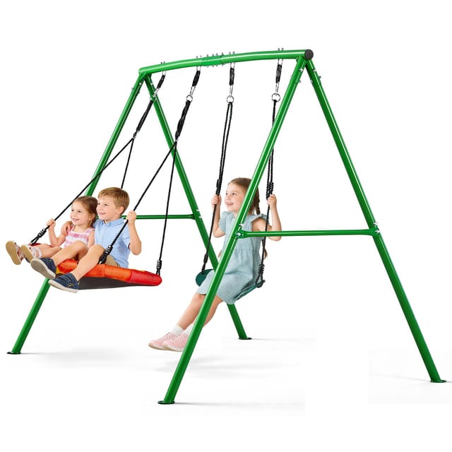 VEVOR Gartenschaukel mit A-förmigem Metallgestell, Doppelschaukel (1 Tellerschaukel & 1 Gurtschaukel), bis zu 199,6 kg Tragkraft, Schaukelset Outdoor, Verstärkt mit Spiralförmigen Bodenankern
