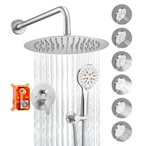 VEVOR Duscharmatur Regenduschsystem fürs Badezimmer Duschsystem mit 254 mm runden Regenduschkopf & Handbrause, wandmontierte Badezimmerarmaturen mit Messingventil & Zierset, gebürstetes Nickel