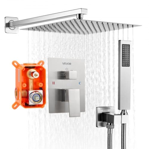 VEVOR Duscharmatur Regenduschsystem fürs Badezimmer Duschsystem mit 254 mm quadratischen Regenduschkopf & Handbrause, wandmontierte Badezimmerarmaturen mit Messingventil & Zierset, gebürstetes Nickel