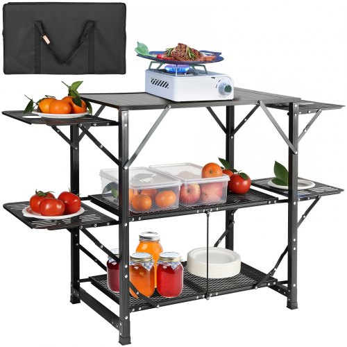 VEVOR Camping-Küchentisch, Aluminium, Faltbar, Tragbar, Outdoor-Kochstation mit 4 Eisenseiten, 2 Regalen und Tragetasche, Schnelle Installation für Picknick, Grillen, Strand, Reisen usw.