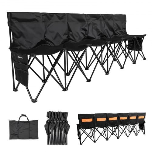 VEVOR tragbare Mannschaftsbank Sitzbank Campingbank (6 Personen) mit Seitentaschen & Tragetasche & Rückentasche, Klappbank mit Rückenlehne, Seitenbank für Fußball Baseball Outdoor Schwarz