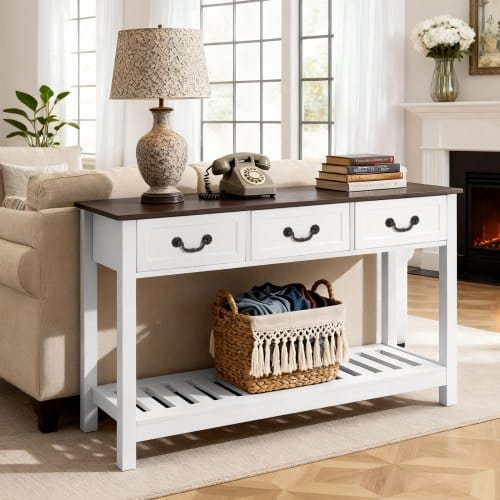 VEVOR Konsolentisch Sofatisch mit Schubladen & Ablagefach, schmaler rechteckiger Eingangstisch aus MDF + Spanplatte für Flur Schlafzimmer Wohnzimmer Foyer, Flurtisch 120 x 30 x 80 cm Braun + Weiß