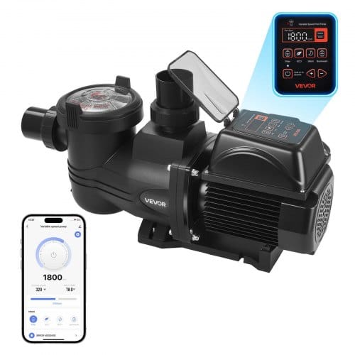VEVOR Schwimmbadpumpe 30.000 L/h, mit Variabler Drehzahl, 1.350 W, 16 m Förderhöhe, Einbau-/Aufstellpoolpumpe mit Filterkorb, Filterpumpe Selbstansaugend, Programmierbarer Timer, für Aufstellpools