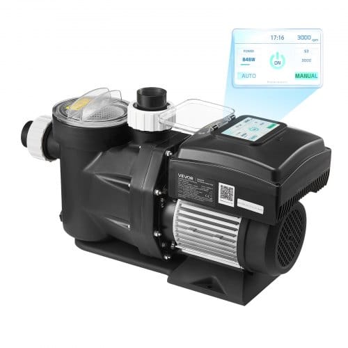 VEVOR Schwimmbadpumpe 26.000 L/h, mit Variabler Drehzahl, 1.100 W, 15 m Förderhöhe, Einbau-/Aufstellpoolpumpe mit Filterkorb, Filterpumpe Selbstansaugend, Programmierbarer Timer, für Aufstellpools