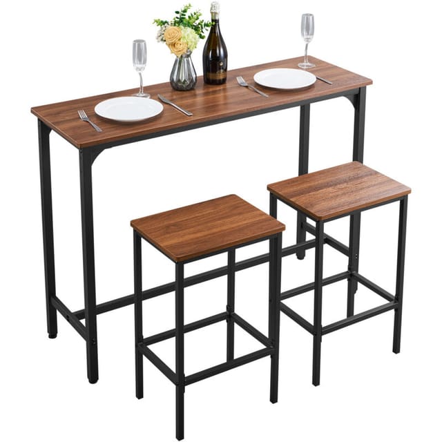 VEVOR Bartisch-Set (3-tlg.) mit 2 Barhocker & abgerundeten Kanten, rechteckiger Kneipentisch Stehtisch (120 x 40 x 90 cm), Bistrotisch Esstisch rustikales Braun Schwarz, geeignet für Büro Minibar