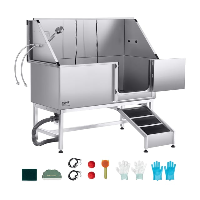 Vevor Hundewaschstation Edelstahl, 1500x700x1495 Mm Tierpflegewanne Mit Rampe, Pe-wasserfilterplatte, Wasserhahn, Duschkopf & Seifenhalter, Für Große, Mittelgroße & Kleine Haustiere (rechte Tür)
