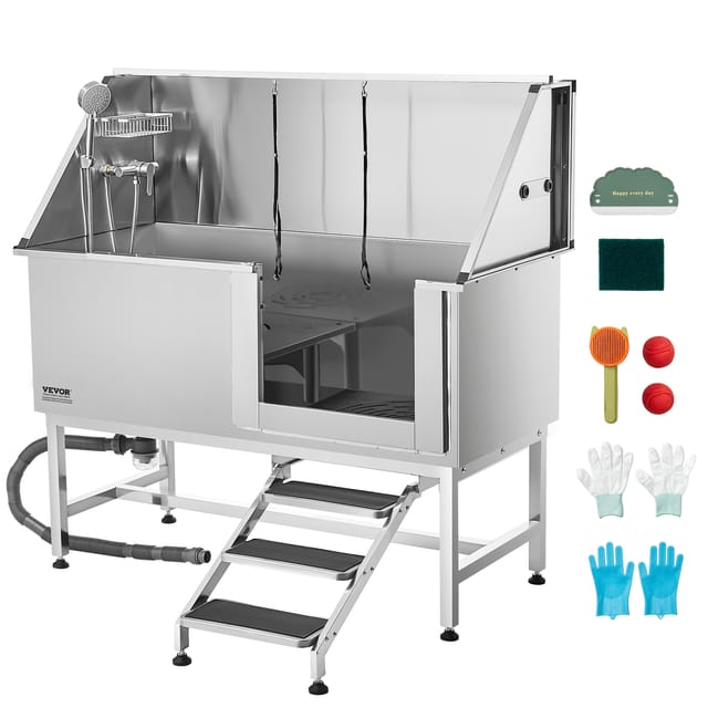 VEVOR Hundewaschstation Edelstahl, 1500x700x1495 mm Tierpflegewanne mit Treppe, PE-Wasserfilterplatte, Wasserhahn, Duschkopf & Seifenhalter, für große, mittelgroße & kleine Haustiere (rechte Tür)