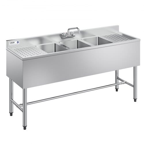 VEVOR Spülbecken mit 3 Becken & 2 Abtropfflächen & Spritzschutz, Küchenspüle (1524 x 470 x 838 mm), Küchenspüle für Restaurants Imbisswagen Privaten Gebrauch, Edelstahlspüle mit Wasserhahn