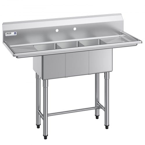 VEVOR Spülbecken mit 3 Becken & 2 Abtropfflächen & Spritzschutz, Küchenspüle (1372 x 508 x 1097 mm), Küchenspüle für Restaurants Imbisswagen Privaten Gebrauch, Edelstahlspüle Silber