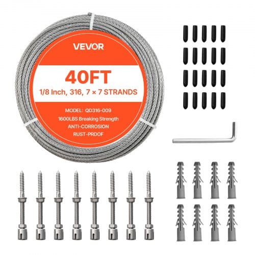 VEVOR Edelstahldrahtseil φ3,2 mm 12,2 m Länge, Drahtseil aus Edelstahl 316 mit einer Bruchlast von 7,1 kN, Stahldraht 7x7 Litzen, Geländerseil für Terrassengeländer, Gartenspaliere