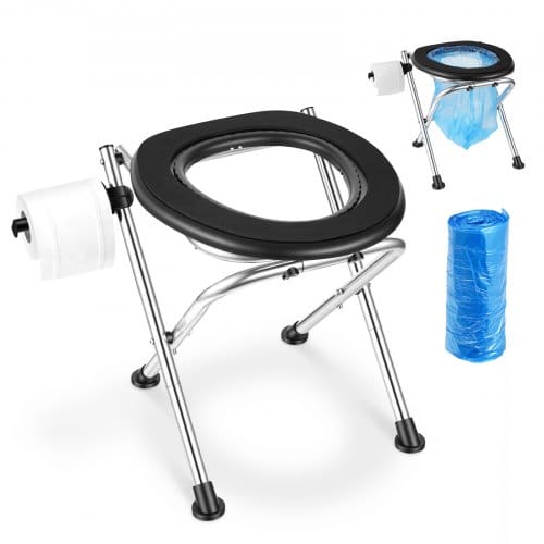VEVOR Tragbare Campingtoilette 160 kg Belastbar, Faltbare Reisetoilette aus Edelstahl mit Weichem Sitz & Tücherhalter, Geeignet für Lkw-Fahrer Wohnmobilreisen Camping Autoreise Outdoor-Aktivitäten