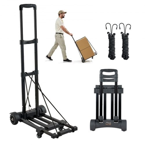 VEVOR Sackkarre klappbar, 131,5kg Tragkraft, Transportkarre mit 4 Rädern, 2 elastischen Seilen & erweiterbarer Basis, Transportwagen für Flughafen, Reisegepäck, Büroumzüge, Schwarz, 530x320x970mm