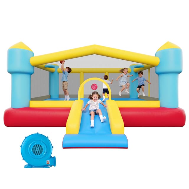 VEVOR Aufblasbare Hüpfburg (448 x 420 x 207 cm) für Kinder mit Rutsche & Basketballkorb & Zielspiel & Hüpfbereich, Bietet Platz für 3-4 Kinder (im Alter von 3-8 Jahren) Outdoor Indoor Party