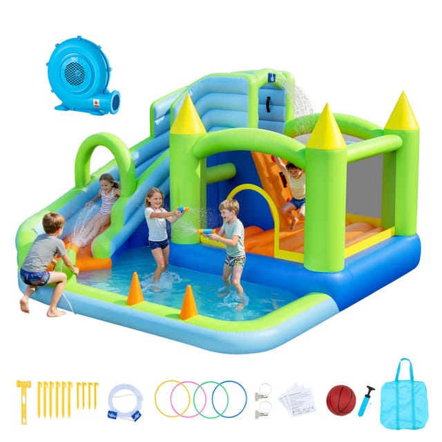 VEVOR Aufblasbare Wasserhüpfburg (344 x 374 x 213 cm), Hüpfburg mit Wasserrutsche & Hüpfburgelementen & Basketballkorb & Planschbecken & Wasserringwurfspiel, für 3–4 Kinder (3 bis 8 Jahre Alt)