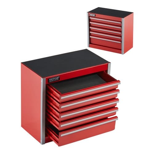 VEVOR Werkzeugkiste 218 x 118 x 205 mm, Werkzeugkasten aus Metall mit 5 Schubladen, Werkzeugkoffer mit EVA-Einlagen und PP-Fußpolstern, robuster Stahl mit Kugellageröffnung und Pulverbeschichtung, rot