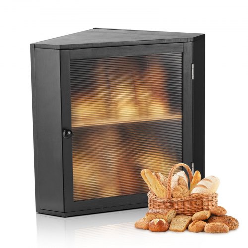 VEVOR Eck-Brotkasten doppellagiger Brotbehälter Brotbox Organizer aus Holz für selbstgebackenes Brot, Aufbewahrungsbehälter mit gewellter Acryl-Türplatte, Brotaufbewahrung Lagerung Schwarz