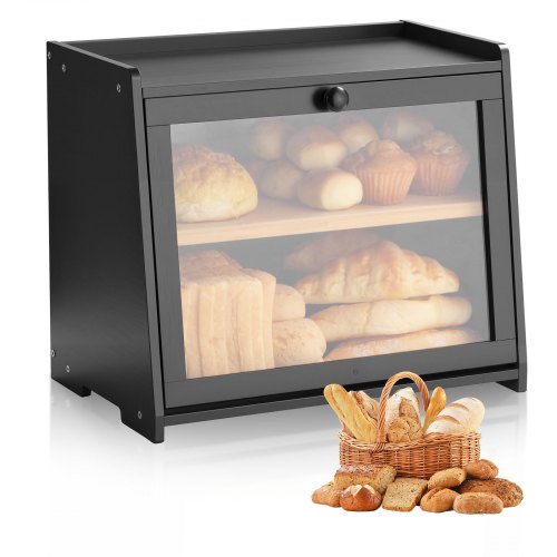 VEVOR Doppellagiger Brotkasten für Küchentheke Brotbehälter Brotbox Organizer aus Holz für selbstgebackenes Brot, Aufbewahrungsbehälter mit gewellter Acryl-Türplatte, Brotaufbewahrung Schwarz