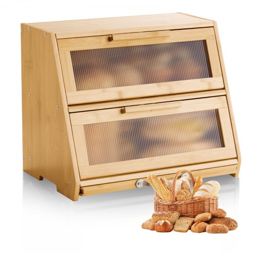 VEVOR Doppellagiger Brotkasten für Küchentheke Brotbehälter Brotbox Brot-Organizer aus Holz für selbstgebackenes Brot, Aufbewahrungsbehälter mit gewellter Acryl-Türplatte, Brotaufbewahrung Natur