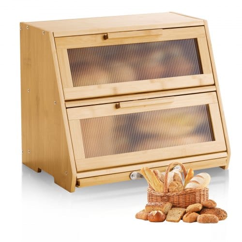 VEVOR Doppellagiger Brotkasten für Küchentheke Brotbehälter Brotbox Brot-Organizer aus Holz für selbstgebackenes Brot, Aufbewahrungsbehälter mit gewellter Acryl-Türplatte, Brotaufbewahrung Natur
