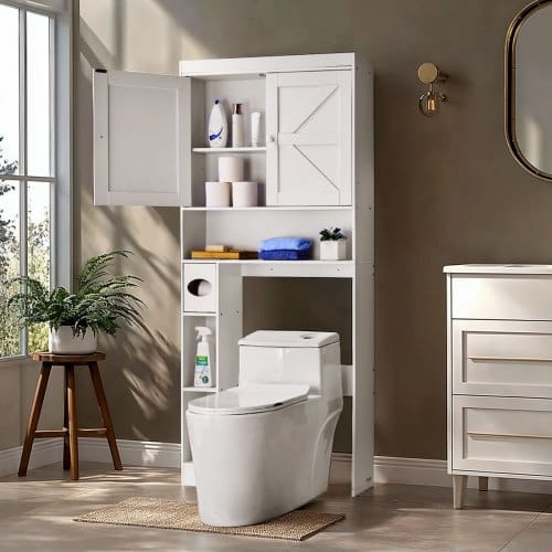VEVOR Toilettenschrank Badezimmerschrank mit Doppeltür & verstellbarem Regal, platzsparender 3-stöckiger Badschrank über der Toilette mit offenem Regal, 1713x815x195 mm Aufbewahrungsschrank Weiß