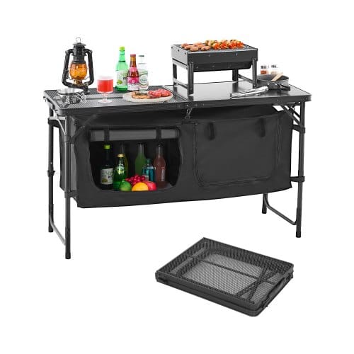VEVOR Camping Küchentisch klappbarer Kochtisch Outdoor, 3-fach höhenverstellbar, tragbare Kochstation aus Aluminium mit Organizer & Tragegriff, für Grillpartys Picknicks Wohnmobilreisen Schwarz