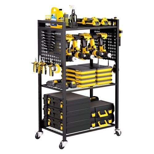 VEVOR Werkzeugwagen mit 4 Ebenen, Tragkraft 68 kg, Werkstattwagen mit rollbarem Bohrerhalter & stabilem Lagerregal, Montagewagen für die Garage, Werkstatt, Garage, schwarz, 560x350x970 mm