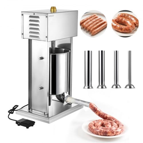 VEVOR elektrischer Wurstfüller 10 L Wurstfüllmaschine Fleischfüller mit stufenloser Geschwindigkeitsregelung & Pedal, Hochleistungsfüller aus Edelstahl mit 4 Wurstfüllrohren, Fleischfüllen