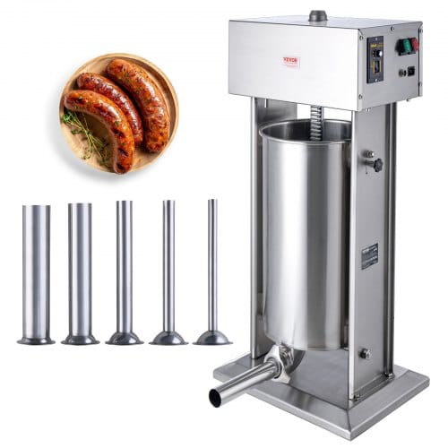 Vevor Elektrischer Wurstfüller, 25 L / 55 Pfund Vertikaler Fleischfüller, 400 W Motor, Stufenlose Geschwindigkeitsregelung Und Fußpedal, Aus Lebensmittelechtem 304 Edelstahl, 5 Füllrohre Für Den Heim-