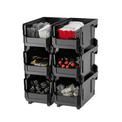 VEVOR Stapelboxen, 377 x 215 x 180 mm (6er-Pack), Lagerboxen, Sichtlagerboxen, Sichtlagerkasten zum Organisieren & Aufbewahren von Kleinteilen, Bürobedarf & anderem Zubehör, Schwarz