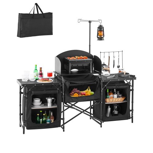 VEVOR Camping Küchentisch Outdoor Kochtisch, tragbare Kochstation aus Aluminium mit 3 Lagerschränken& Tragetasche, & abnehmbarer Windschutzscheibe, für Grillpartys Picknicks Wohnmobilreisen schwarz