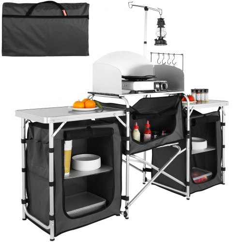 VEVOR Camping-Küchentisch, Klappbarer Outdoor-Kochtisch mit Aufbewahrungstasche, Aluminium-Kochstation mit 3 Schränken und Abnehmbarer Windschutzscheibe, Schneller Aufbau für Picknicks, Grill usw.