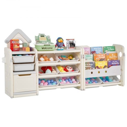 VEVOR Spielzeugaufbewahrung Bücherregal Spielzeugregal HDPE, 4-stöckige multifunktionale Ablage mit 10 flexiblen Kunststoffbehältern & Zeichenbrett, für Schlafzimmer Klassenzimmer (Grau + Beige)