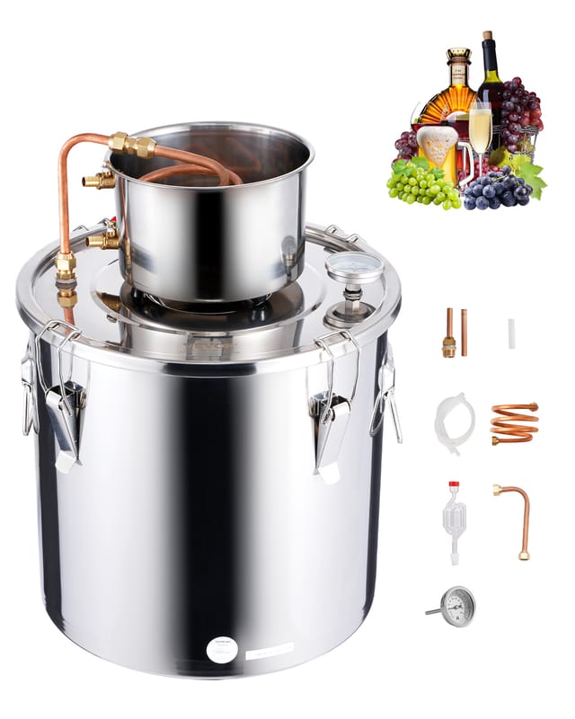VEVOR Alkoholdestillieranlage 30 L Edelstahl Wasseralkoholdestillieranlage mit Kupferspule, Heimbrau-Raffinations-Gärungsset mit Thermometer, für Wein Whisky Brandy Silber
