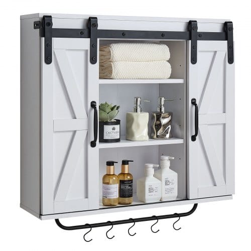 VEVOR Badezimmer Wandschrank Medizinschrank mit 2 Schiebetüren & verstellbaren Regalen, Aufbewahrungsschrank Hängeschrank mit offener Trennwand / Handtuchhalter / Haken für Küche, Toilette