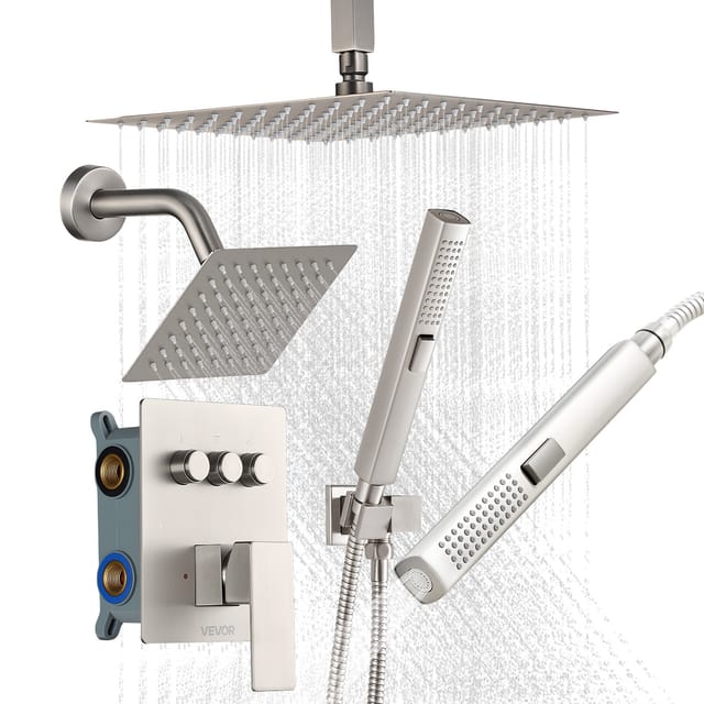 Vevor Duschsystem-set Inkl. 10 Zoll Regenduschsystem / 6 Zoll Wandmontagekopf / 2 In 1 Handbrause, Drehbarer Doppelregenkopf (3 Funktionen), Messingventil Und Verkleidungssatz, Gebürstetes Nickel