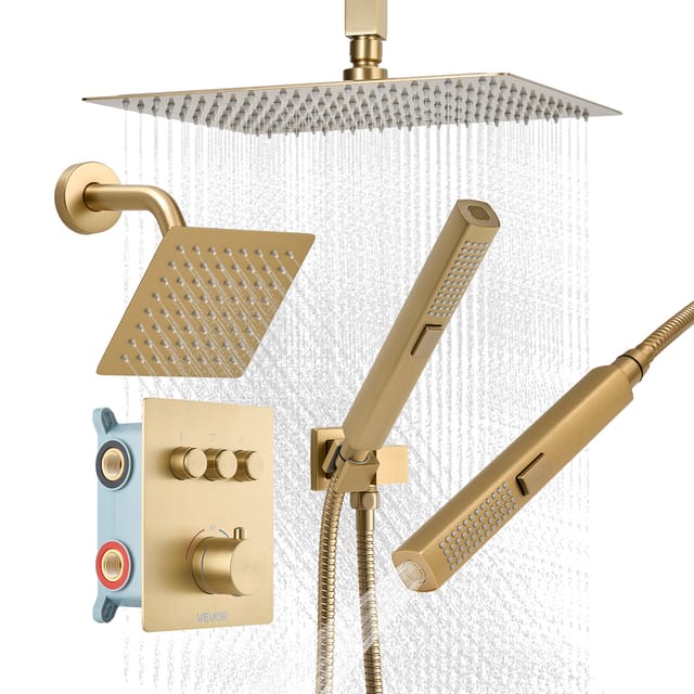 Vevor Duschsystem-set Mit 12 Zoll Regenduschsystem / 6 Zoll Wandmontagekopf / 2 In 1 Handbrause, Drehbarer Doppelregenkopf (3 Funktionen), Messingventil Und Verkleidungssatz, Gebürstetem Gold