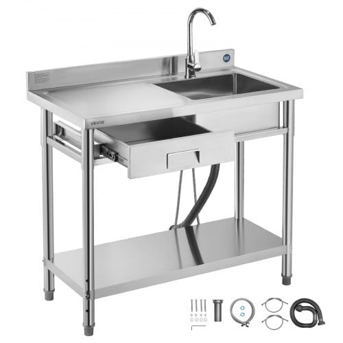 VEVOR Spültisch Spülbecken Edelstahl (100 x 50 x 94 cm), Einzelbecken mit Wasserhahn & Schublade, Küchenspüle für Garage Restaurant Wäscherei, Waschtisch Außenspüle mit Arbeitsplatte (links)