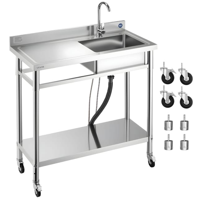 VEVOR Spültisch Spülbecken Edelstahl (1000 x 500 x 1055 mm), Einzelbecken mit Wasserhahn & Rädern, Küchenspüle für Garage Restaurant Wäscherei, Waschtisch Außenspüle mit Arbeitsplatte (links)