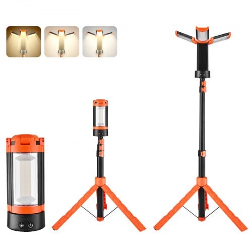 VEVOR Baustrahler LED mit Stativ, Arbeitsleuchte 8 Ah, wiederaufladbares Campinglicht, mit 3 Lampenköpfen, abnehmbarem Stativständer, 2200 LM 3000 K-6500 K dimmbar, Beleuchtung für die Baustelle