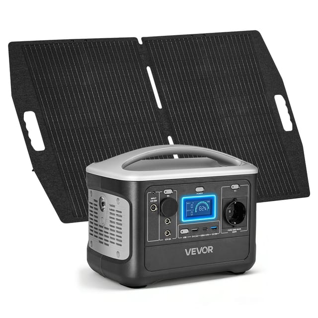 VEVOR Tragbare Powerstation, mit 100-W-Solarpanel, 600-W-Solargenerator, 493-Wh-LiFePO4-Akku-Backup & 7 Ausgängen, Notstromaggregat, Ideal für Notfälle zu Hause, Camping & Wohnmobilreisen