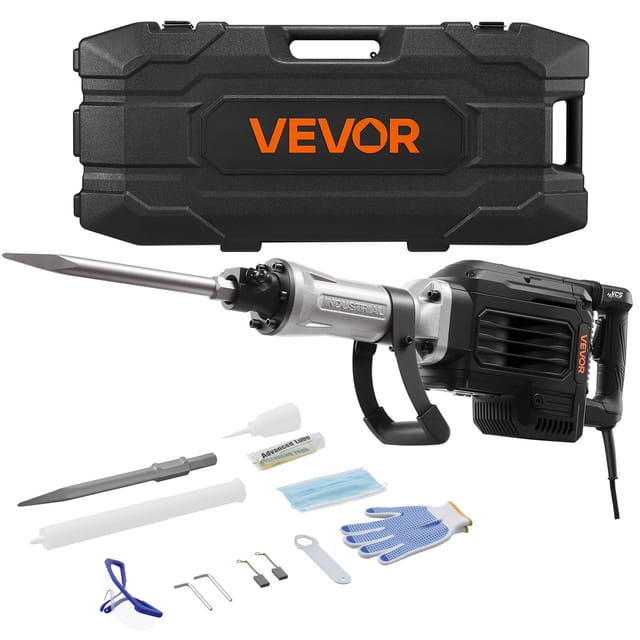 VEVOR Abbruchhammer 3000 W elektrischer Betonhammer, 1700 BPM Presslufthammer mit Spitzmeißel & Tragekoffer & Handschuhe & Schutzbrille, für Beton Wände Ziegel Fliesen Fundamente Schwarz