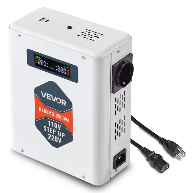 VEVOR Spannungswandler aufwärts, 2000 VA, Hochleistungs-Aufwärtswandler, 110 V auf 220 V Leistungstransformator, mit 2 EU-Steckdosen, USB-Ausgang, LCD-Display, Temperaturschutz, für 220-V-Geräte