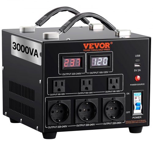 VEVOR 3000W Spannungswandler Transformator AC 110V⇋220V Transformer Wandler 3 US NEMA 5-15R 3-polige Ausgangssteckdosen, 3 europäische Shucko-Ausgangssteckdosen, 1 USB-Buchse und 1 Typ-C-Buchse