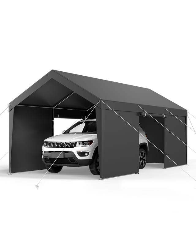 VEVOR Carport, 3,65 x 6,09 m Zeltgarage, Garagenzelt mit abnehmbaren Seitenwänden & Tür, robuster Autounterstand, Autoüberdachung UV-beständig, Ganzjahresschutz für Auto & Boot, Grau